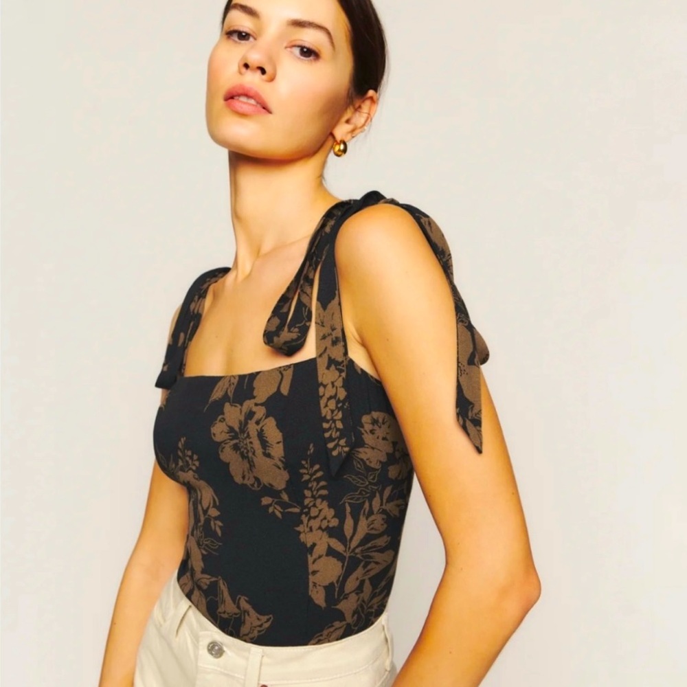 Reformation Black and Brown Floral Tie-Shoulder top